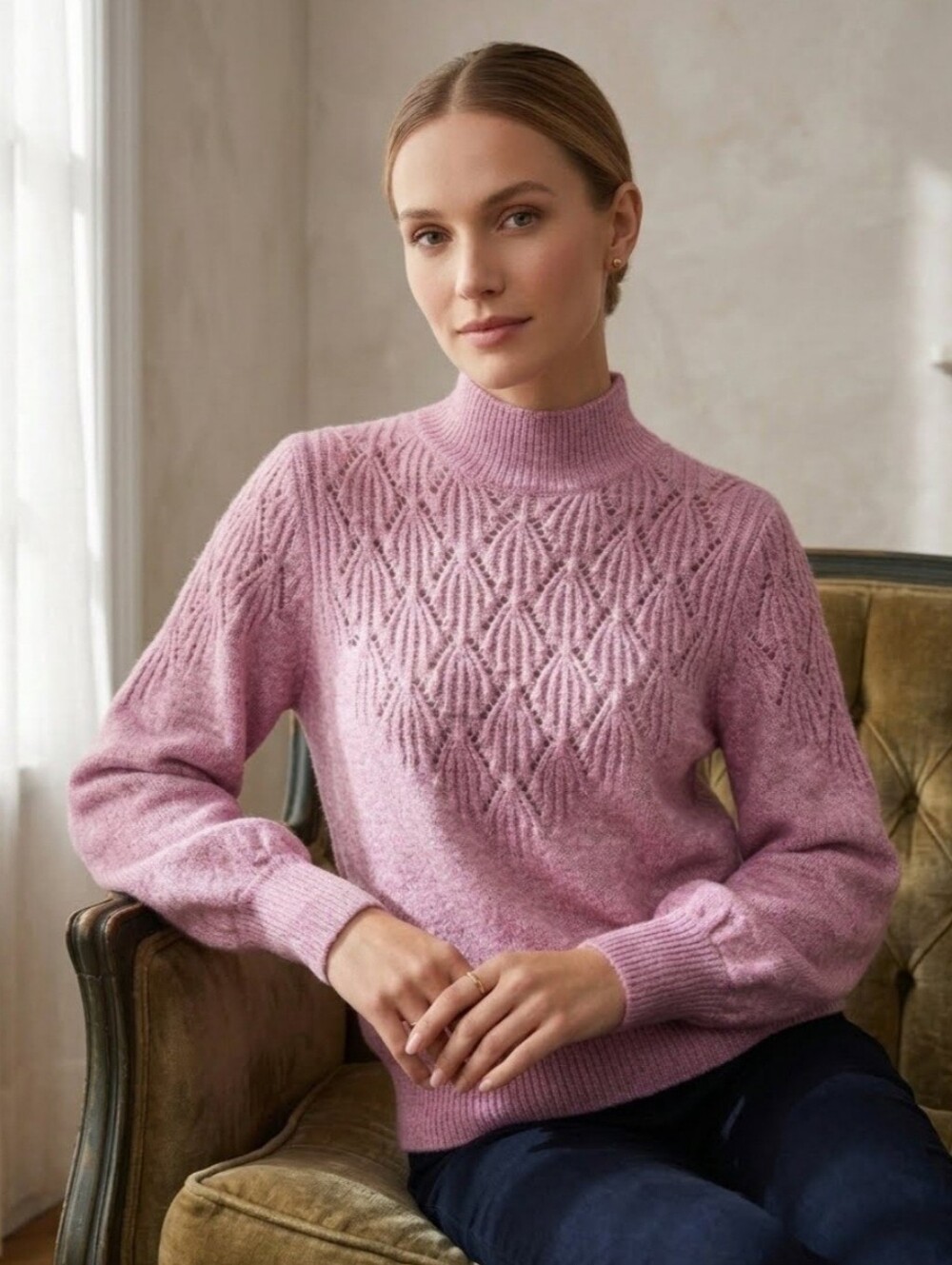 NWT RW&Co Mock Neck Pointelle Knit Sweater Soft Pink Pullover Size Small